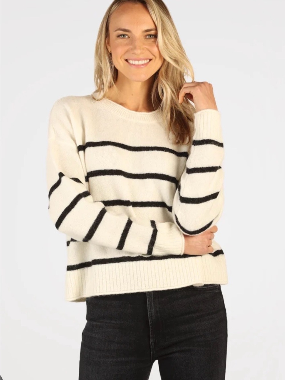 dylan Cream and Black Striped Crew Sweater